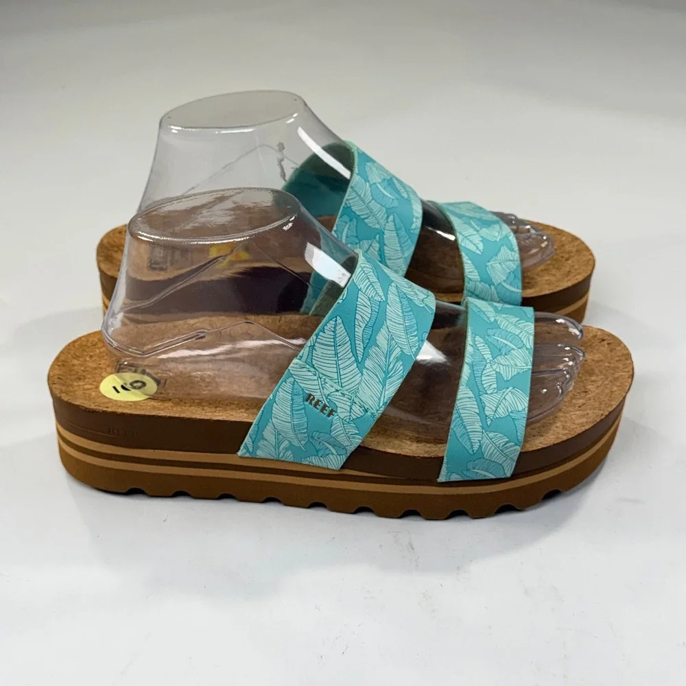NEW Reef Cushion Vista Hi Platform Sandal Womens 9 Aqua Tropical Leaf Print Boho